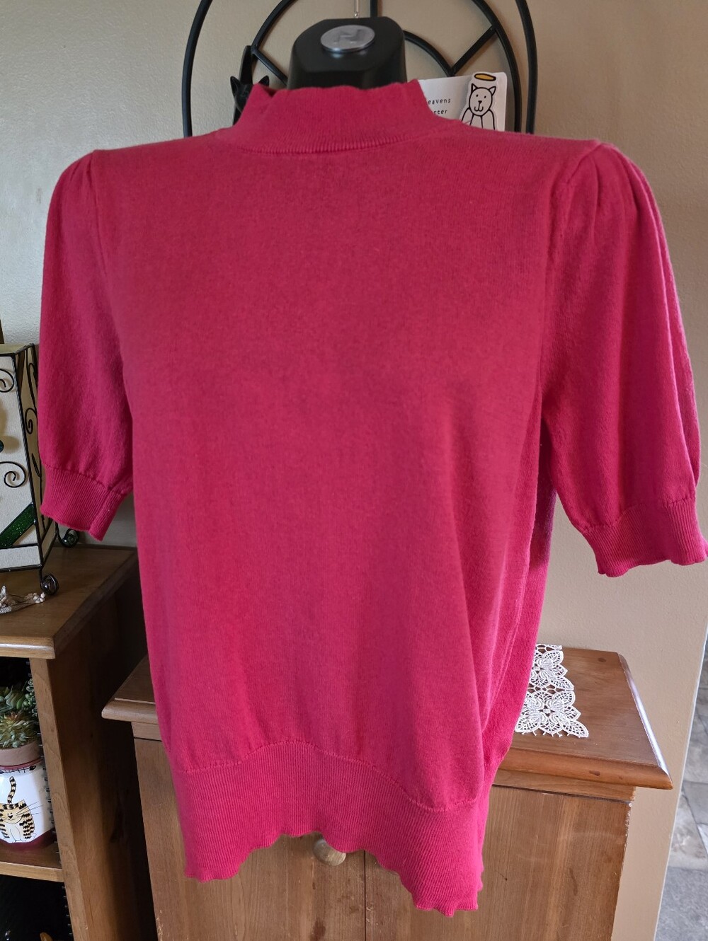 Bright Coral Pink Short Sleeve Mock Neck Lightweight Sweater Size L